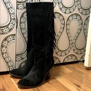 Black suede fringe boots